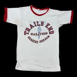 Vintage 70s Champion Ringer Tee Shirt Trail’s End Marathon Seaside OR Army M USA